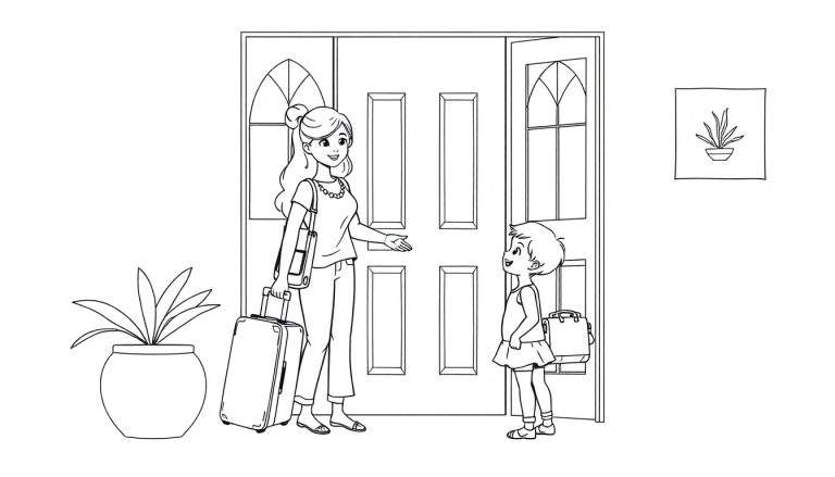 Kleurplaat van een moeder met een rolkoffer die een kind begroet bij een open deur.