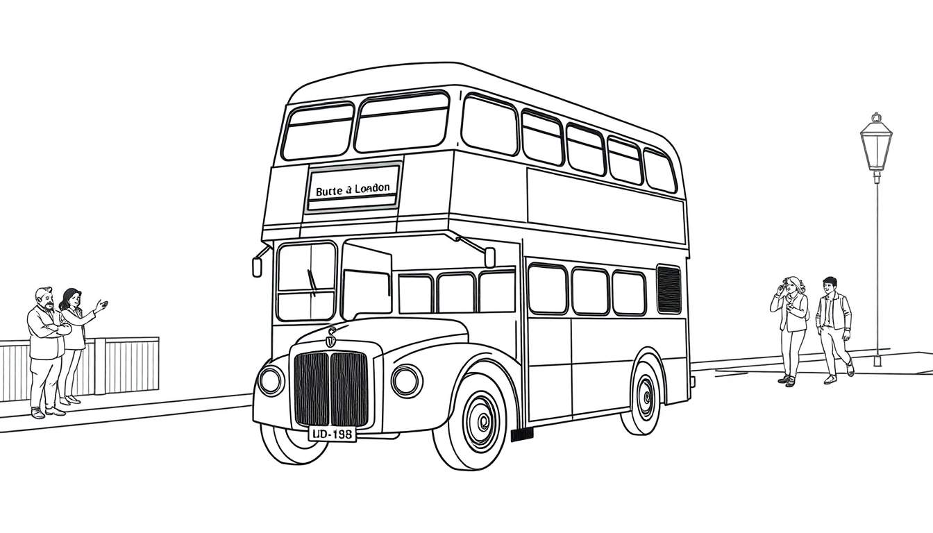 Kleurplaat van een Londense dubbeldekkerbus.