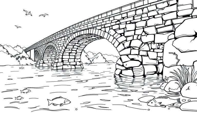 Een zwart-wit kleurplaat van een stenen boogbrug over een rivier met vissen, vogels, bergen en bomen.