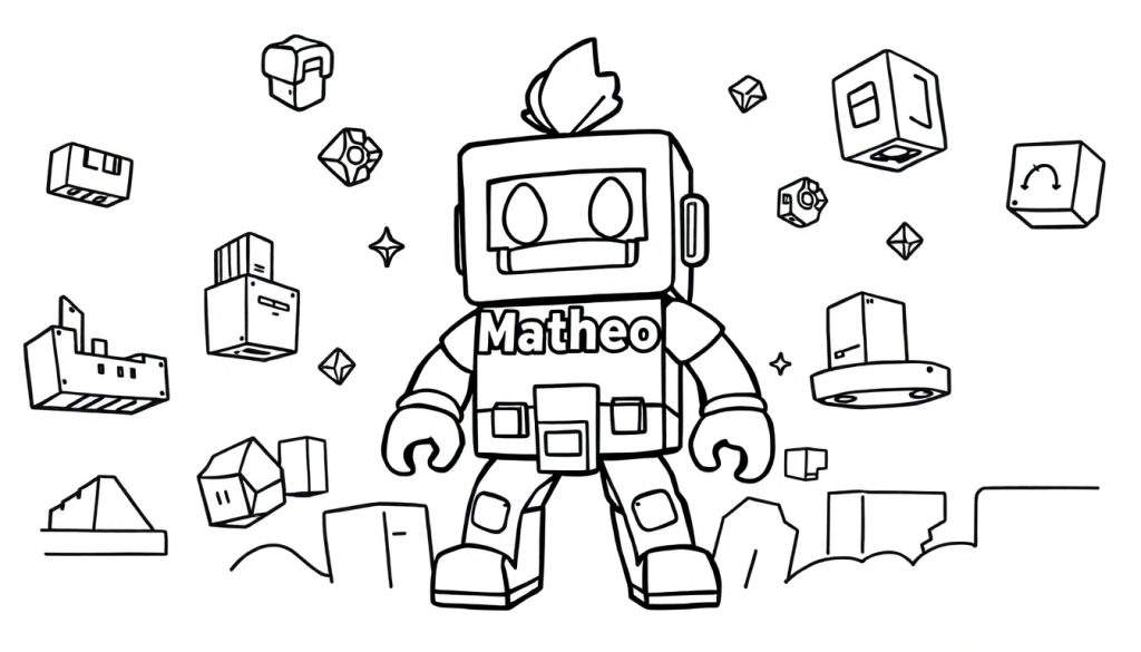 Kleurplaat van een robot genaamd Matheo met geometrische vormen.