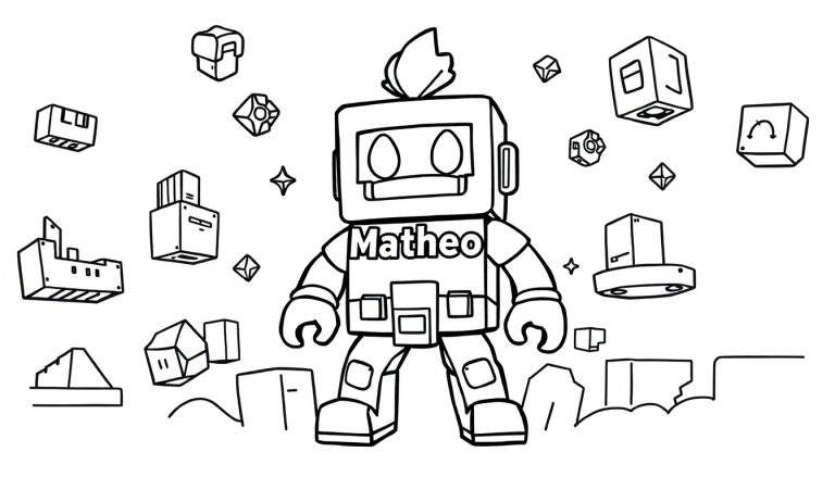 Kleurplaat van een robot genaamd Matheo met geometrische vormen.