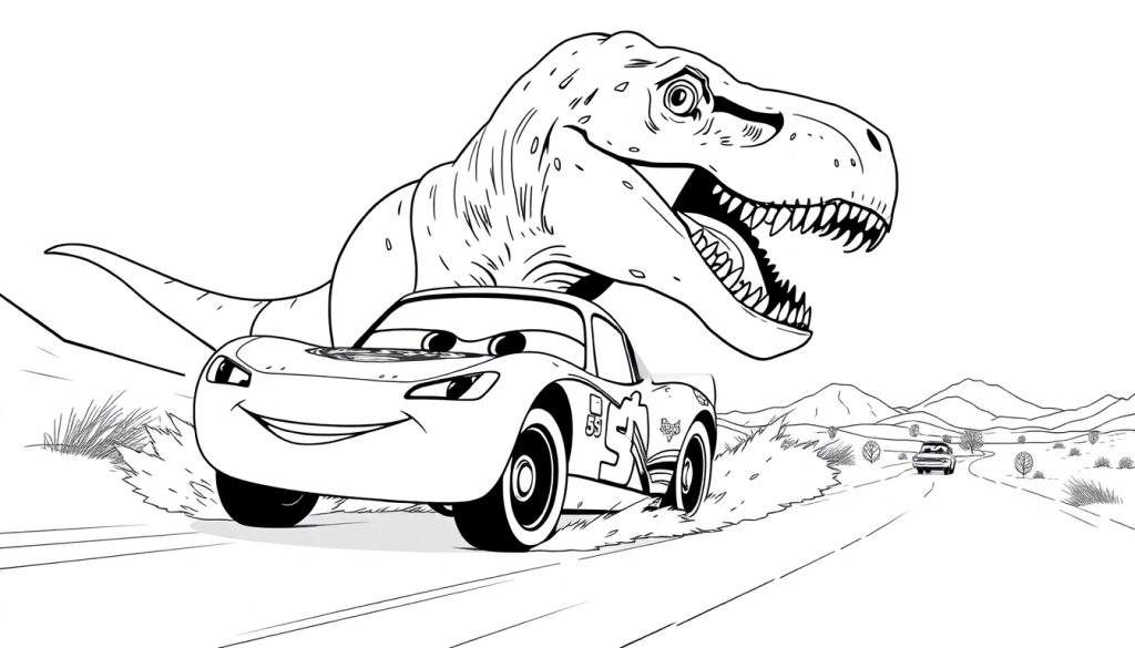 Kleurplaat van Lightning McQueen die wegrent voor een T-Rex.