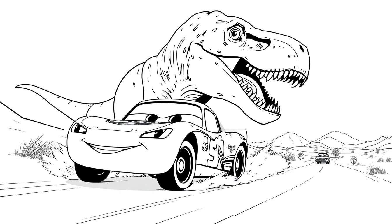 Kleurplaat van Lightning McQueen die wegrent voor een T-Rex.