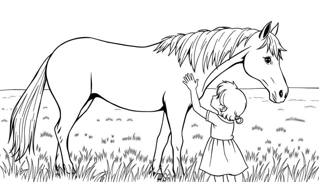 Kleurplaat van een meisje dat een paard aait in een veld.