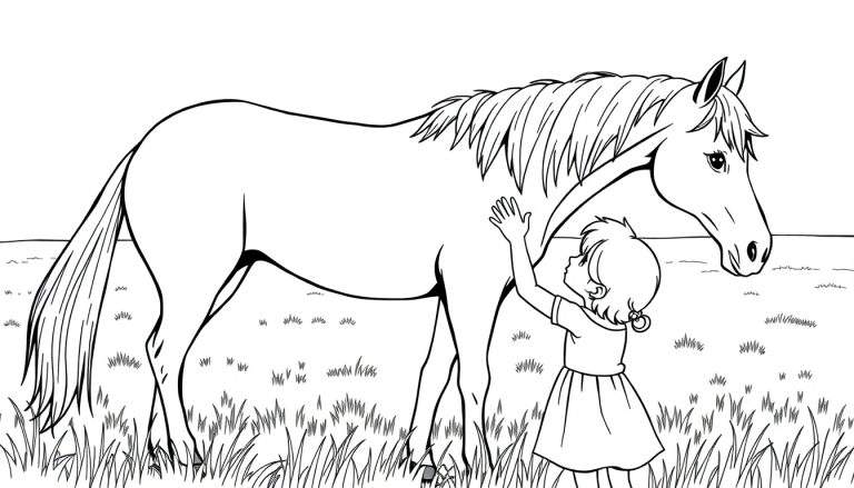 Kleurplaat van een meisje dat een paard aait in een veld.