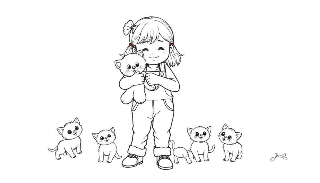 Kleurplaat van een lief meisje in tuinbroek met een knuffel en kittens.