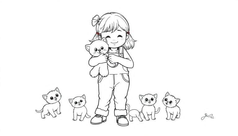 Kleurplaat van een lief meisje in tuinbroek met een knuffel en kittens.