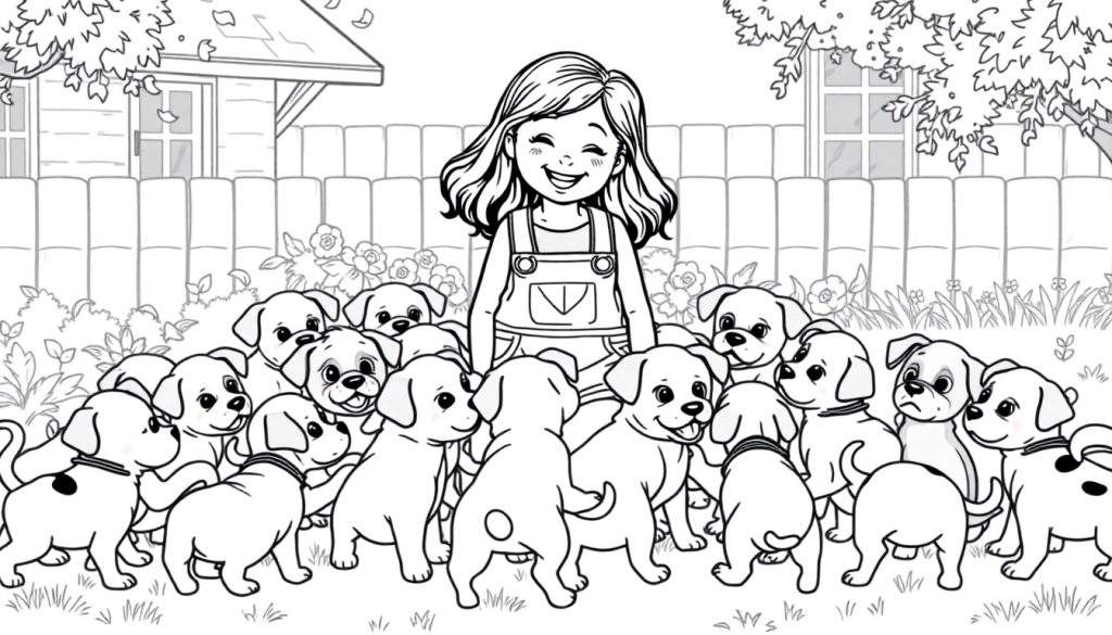 Een vrolijk meisje in een tuinbroek omringd door schattige puppy's, een kleurplaat scène.