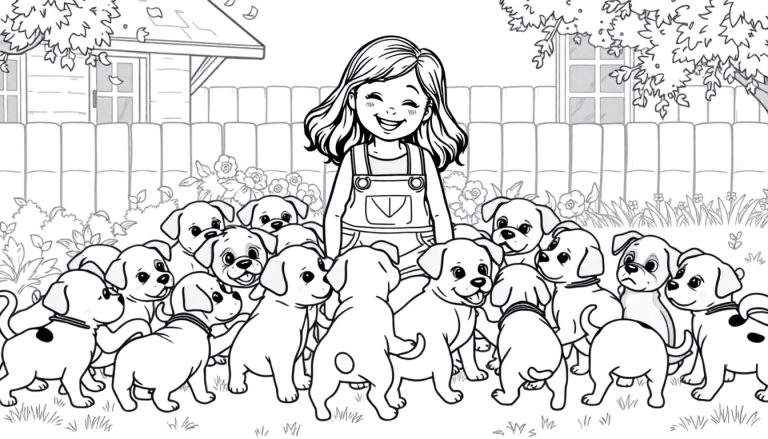 Een vrolijk meisje in een tuinbroek omringd door schattige puppy's, een kleurplaat scène.