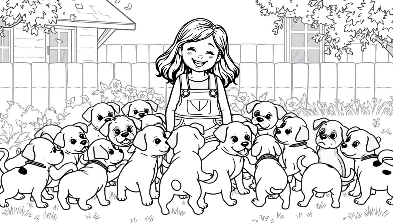 Een vrolijk meisje in een tuinbroek omringd door schattige puppy's, een kleurplaat scène.