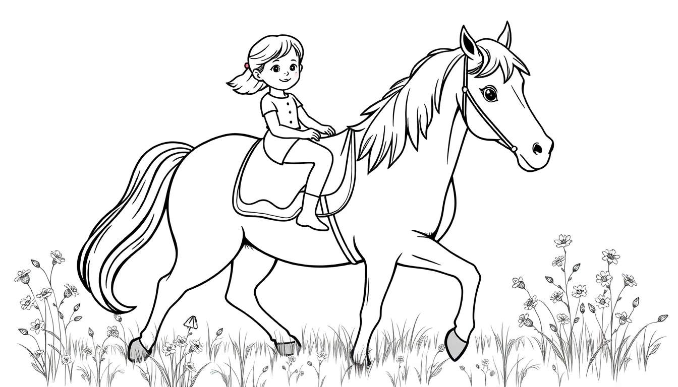 Zwart-witte kleurplaat van een meisje dat op een paard rijdt door een bloemrijke weide.