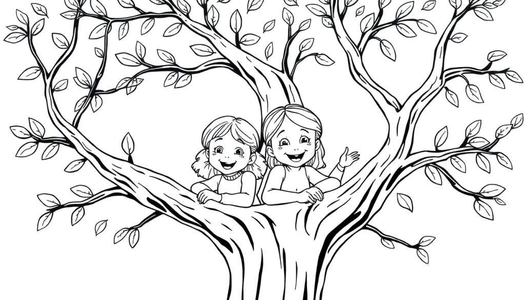 Kleurplaat van twee vrolijke meisjes in een boom die om hulp roepen.