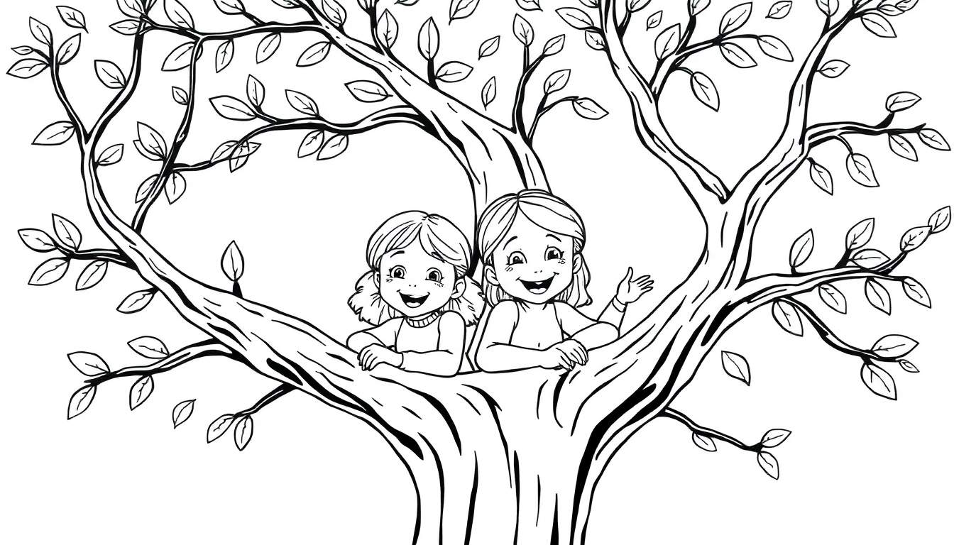 Kleurplaat van twee vrolijke meisjes in een boom die om hulp roepen.