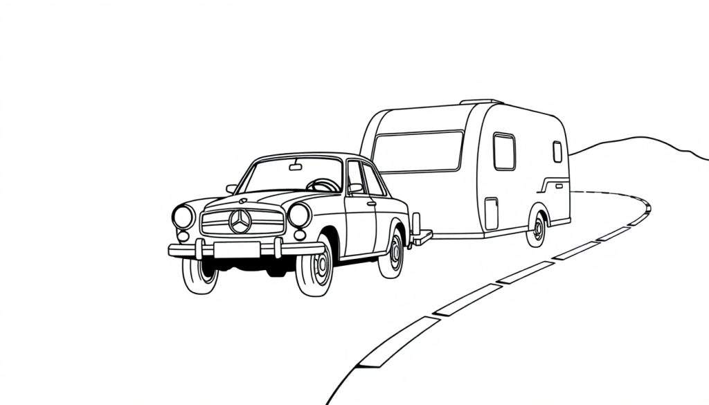 Kleurplaat van een Mercedes met caravan
