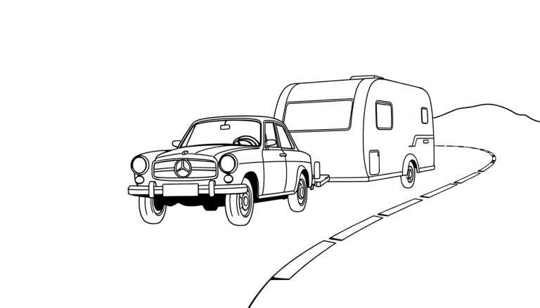 Kleurplaat van een Mercedes met caravan