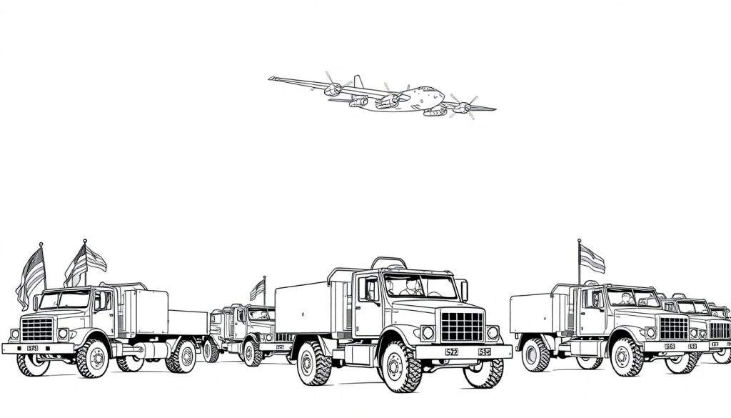 Kleurplaat van een stoere rij Amerikaanse militaire vrachtwagens met vlaggen, en een coole straaljager erboven.