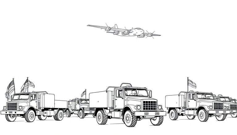 Kleurplaat van een stoere rij Amerikaanse militaire vrachtwagens met vlaggen, en een coole straaljager erboven.