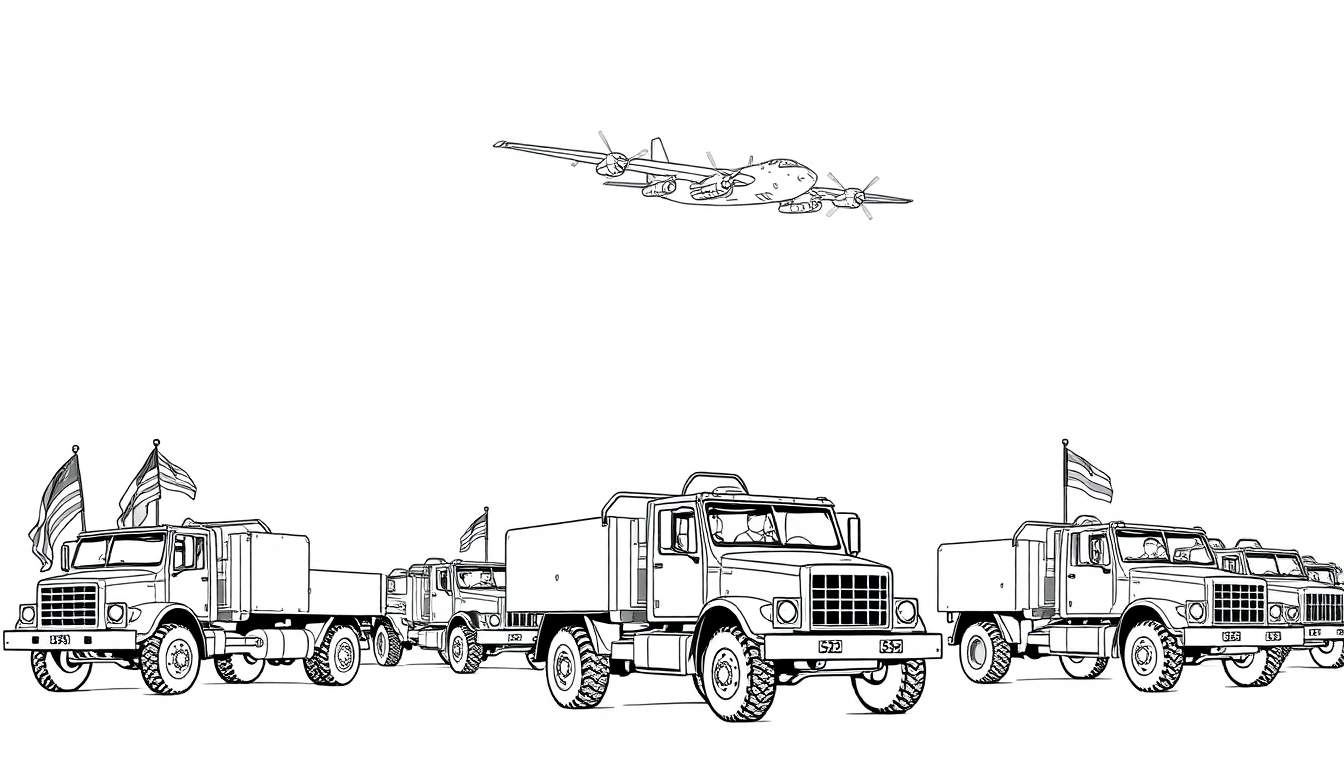 Kleurplaat van een stoere rij Amerikaanse militaire vrachtwagens met vlaggen, en een coole straaljager erboven.