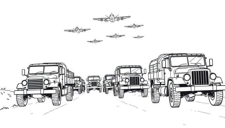 Kleurplaat van militaire vrachtwagens en vliegtuigen
