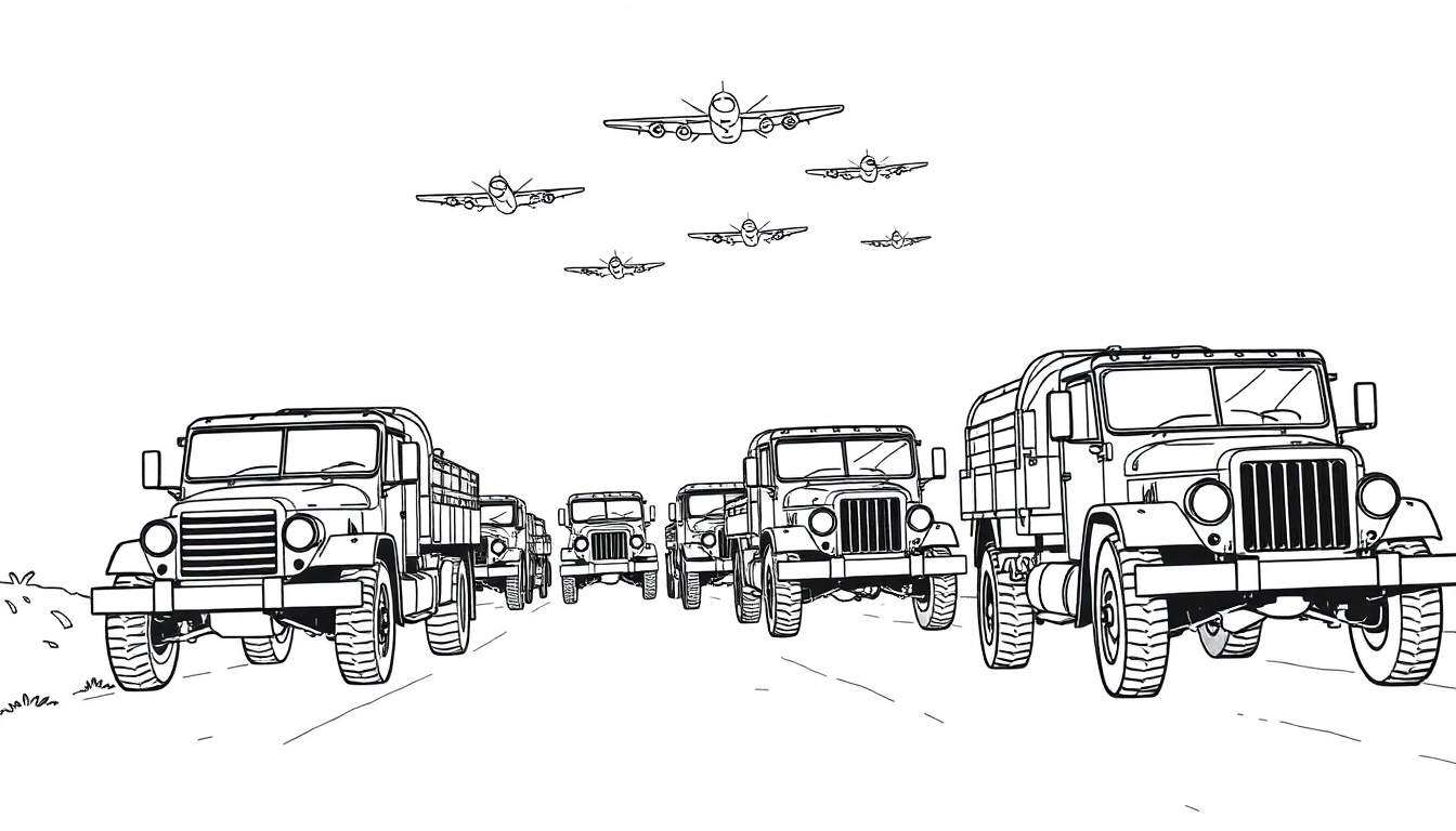 Kleurplaat van militaire vrachtwagens en vliegtuigen