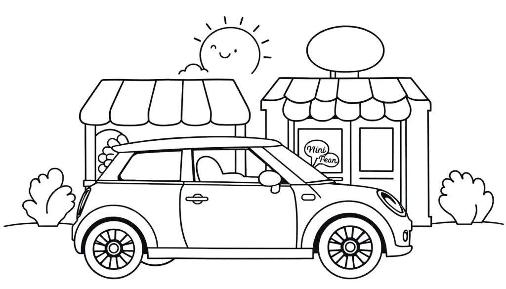 Kleurplaat van een Mini Cooper voor winkels met een lachende zon.