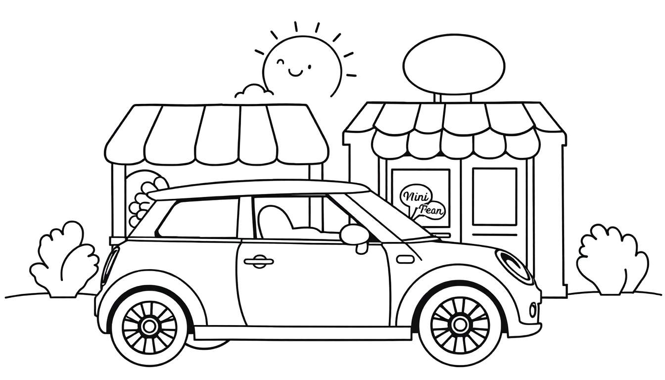 Kleurplaat van een Mini Cooper voor winkels met een lachende zon.