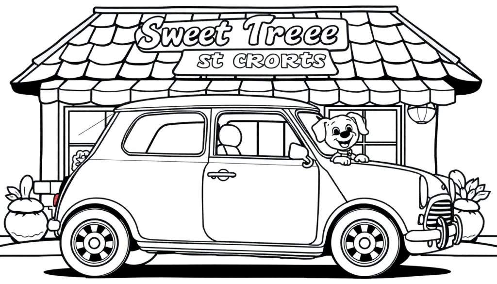 Kleurplaat van een Mini Cooper met een hond, voor een winkel genaamd 'Sweet Treee'.