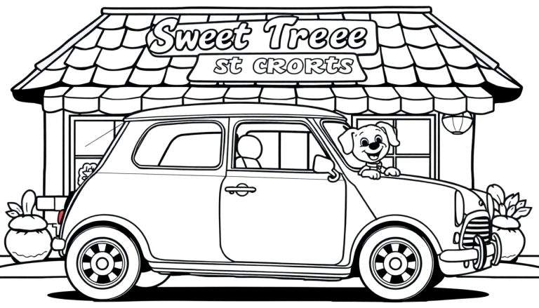 Kleurplaat van een Mini Cooper met een hond, voor een winkel genaamd 'Sweet Treee'.