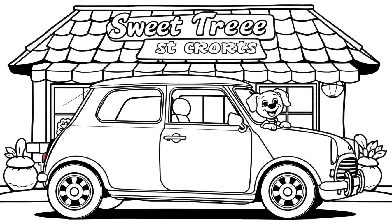Kleurplaat van een Mini Cooper met een hond, voor een winkel genaamd 'Sweet Treee'.