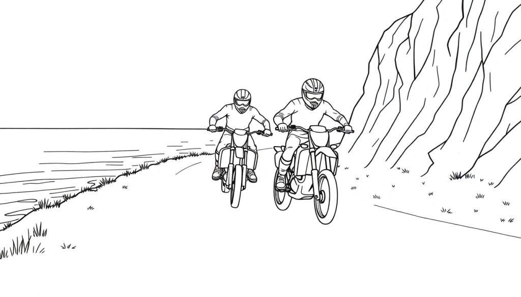 Kleurplaat: motorcrossers racen langs een ruig kustpad.