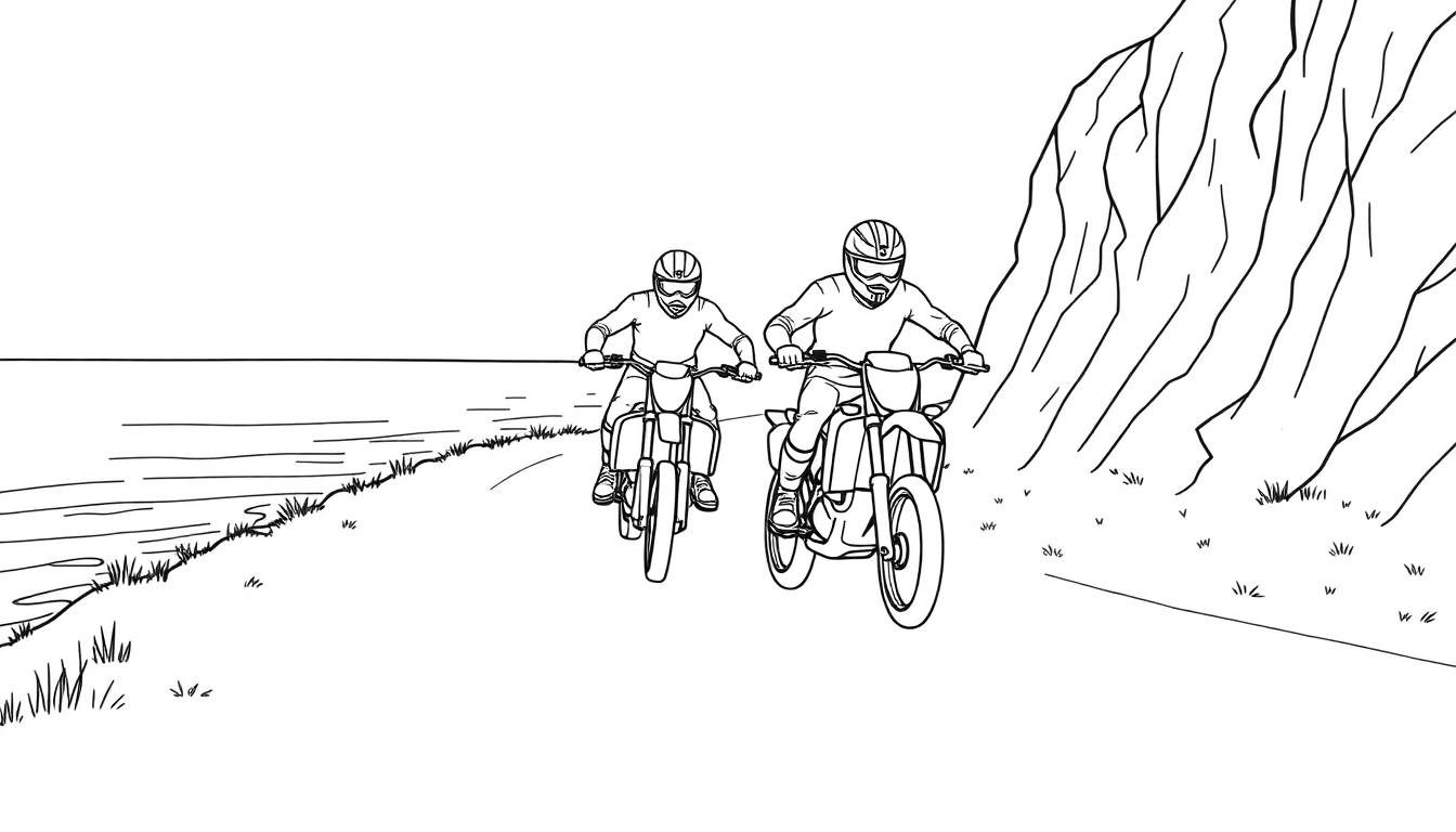 Kleurplaat: motorcrossers racen langs een ruig kustpad.