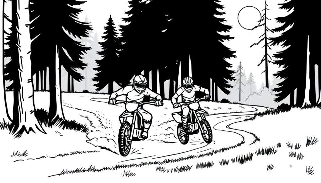 Zwart-wit kleurplaat van twee motorcrossers die door een bos rijden.