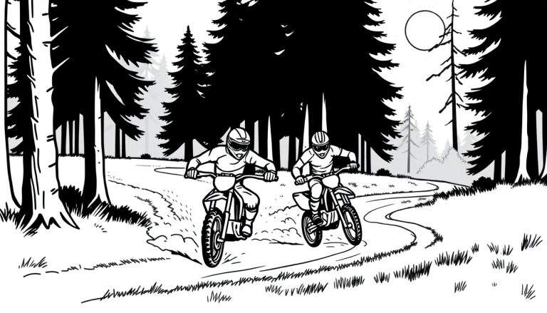 Zwart-wit kleurplaat van twee motorcrossers die door een bos rijden.