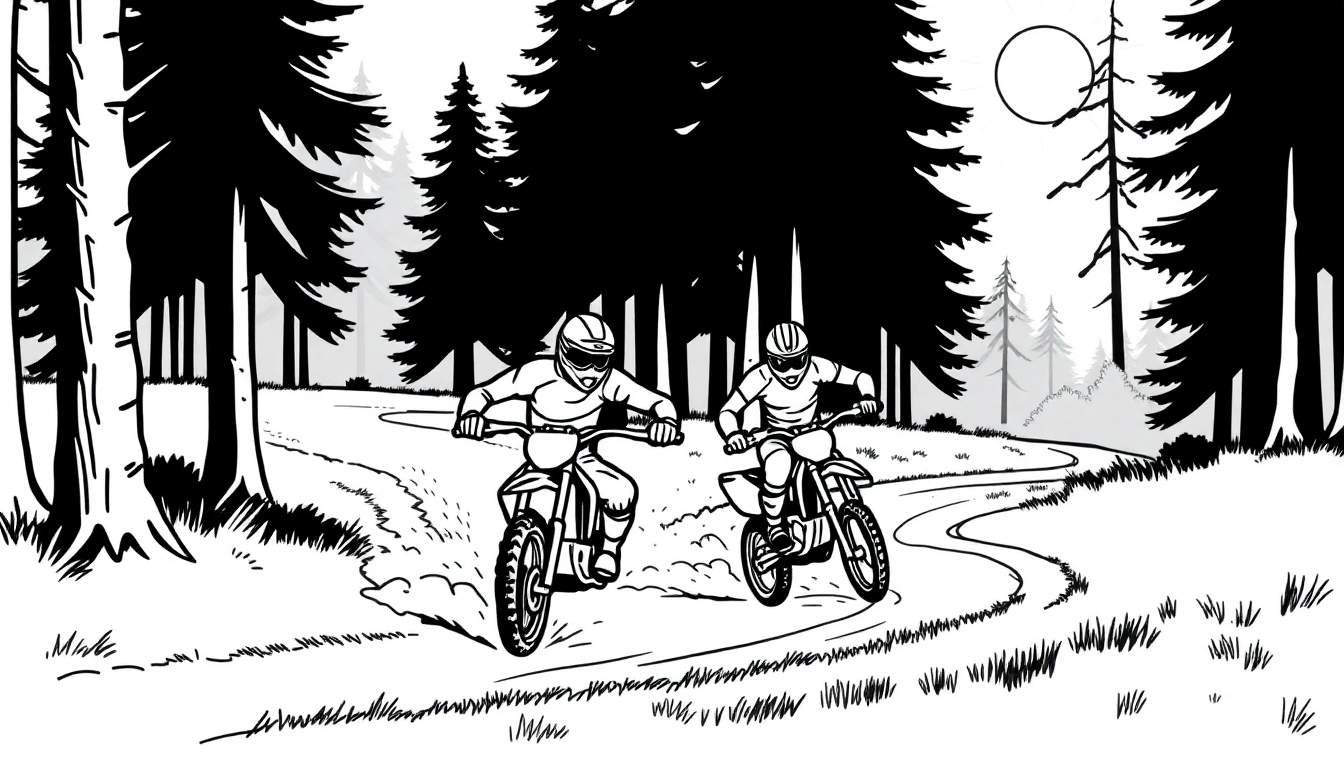 Zwart-wit kleurplaat van twee motorcrossers die door een bos rijden.