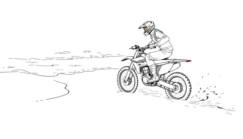 Kleurplaat: Een schets van een persoon op een motorfiets rijdt op een zandstrand met de oceaan op de achtergrond.