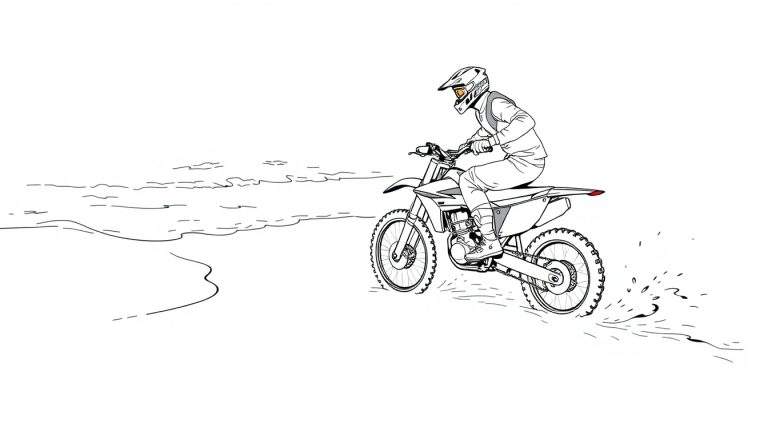 Kleurplaat: Een schets van een persoon op een motorfiets rijdt op een zandstrand met de oceaan op de achtergrond.
