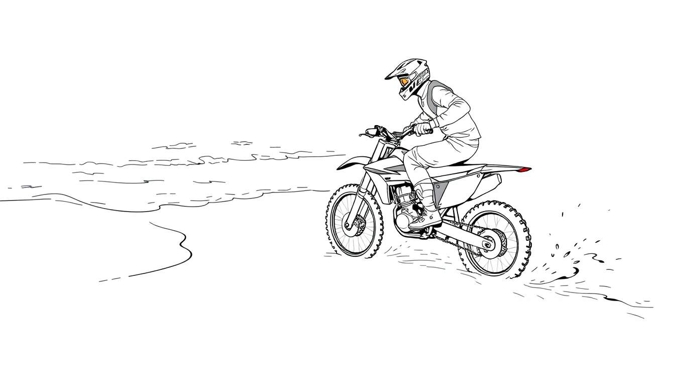 Kleurplaat: Een schets van een persoon op een motorfiets rijdt op een zandstrand met de oceaan op de achtergrond.