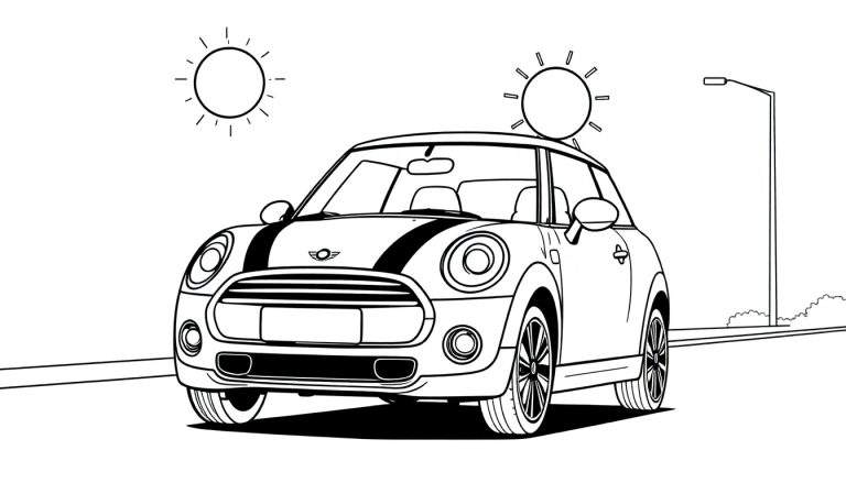 Kleurplaat van een nieuwe Mini Cooper op de weg met twee zonnen.