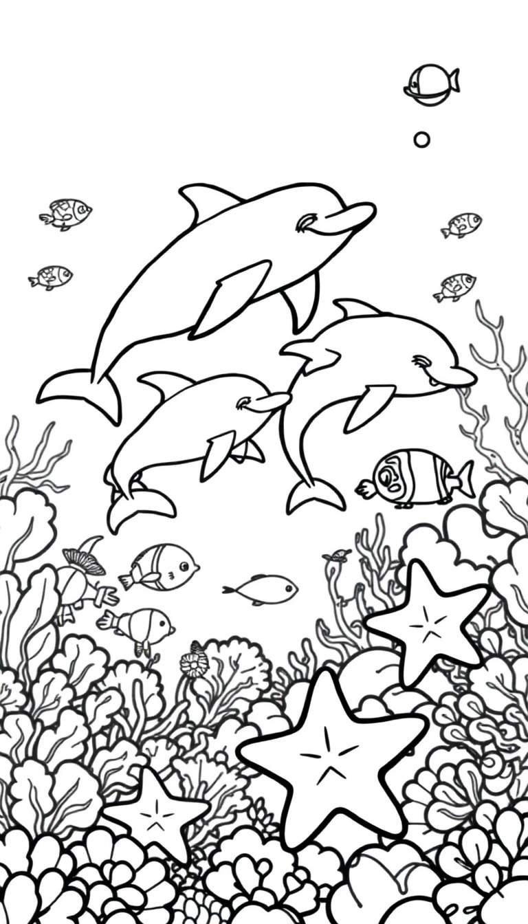 Een zwart-witte kleurplaat van een onderwaterwereld met dolfijnen, vissen en koraal.