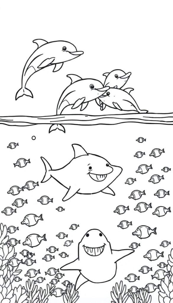 Kleurplaat van een onderwaterwereld met dolfijnen, haaien en vissen.