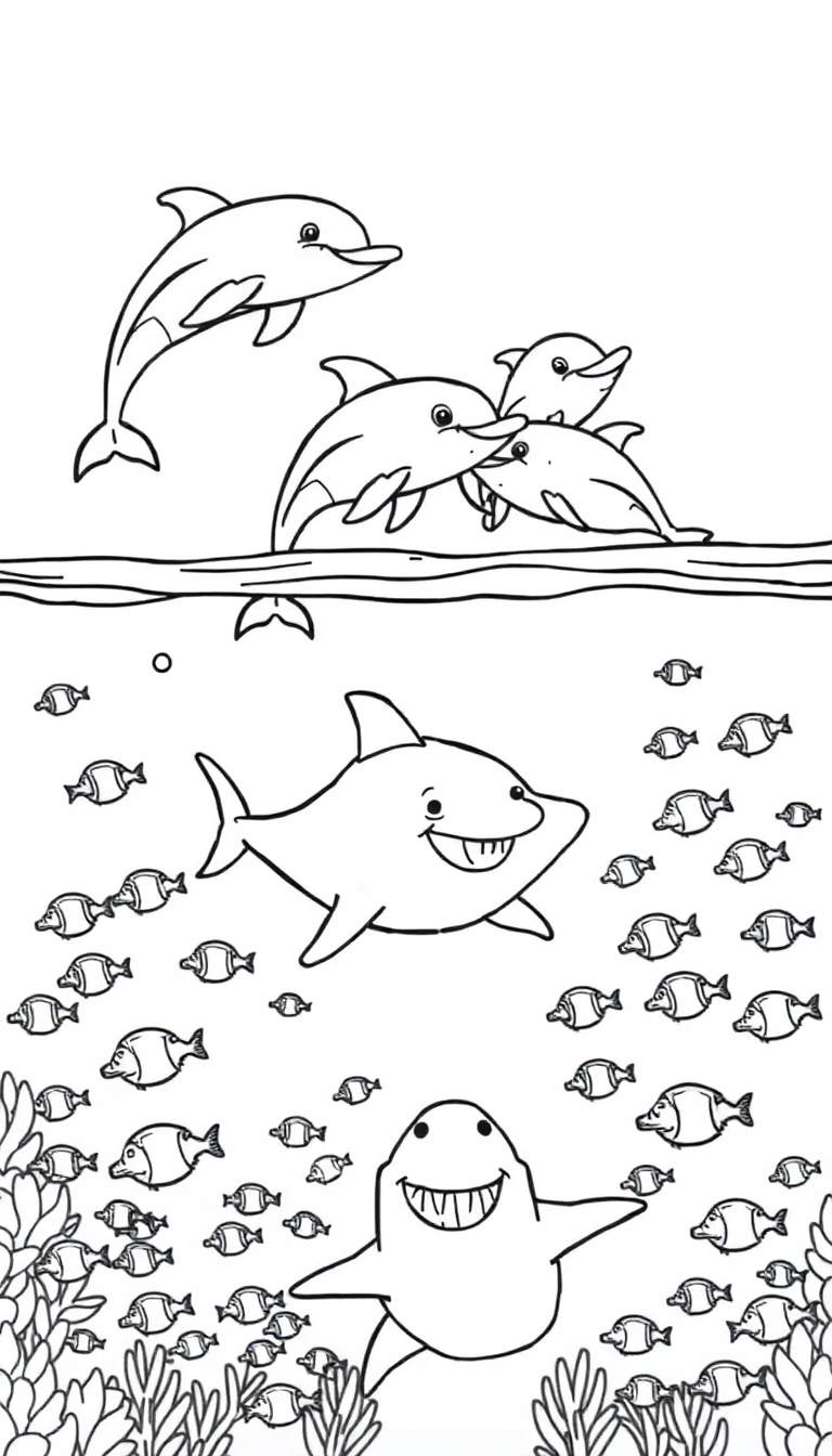 Kleurplaat van een onderwaterwereld met dolfijnen, haaien en vissen.