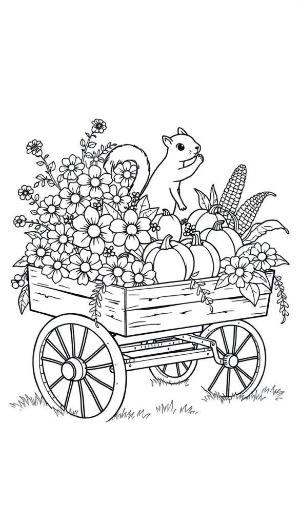 Een zwart-wit kleurplaat van een houten kar vol met herfstschatten, met een eekhoorn die eet.