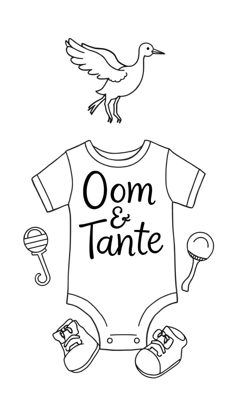 Zwart-witte kleurplaat van een rompertje met 'Oom & Tante' erop, een ooievaar die vliegt, rammelaars en babyschoentjes. Een schattige, kinderlijke illustratie.