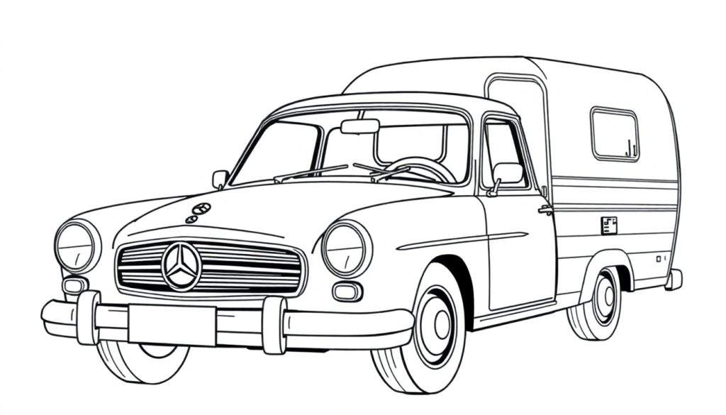 Kleurplaat van een klassieke Mercedes-Benz camperbus.