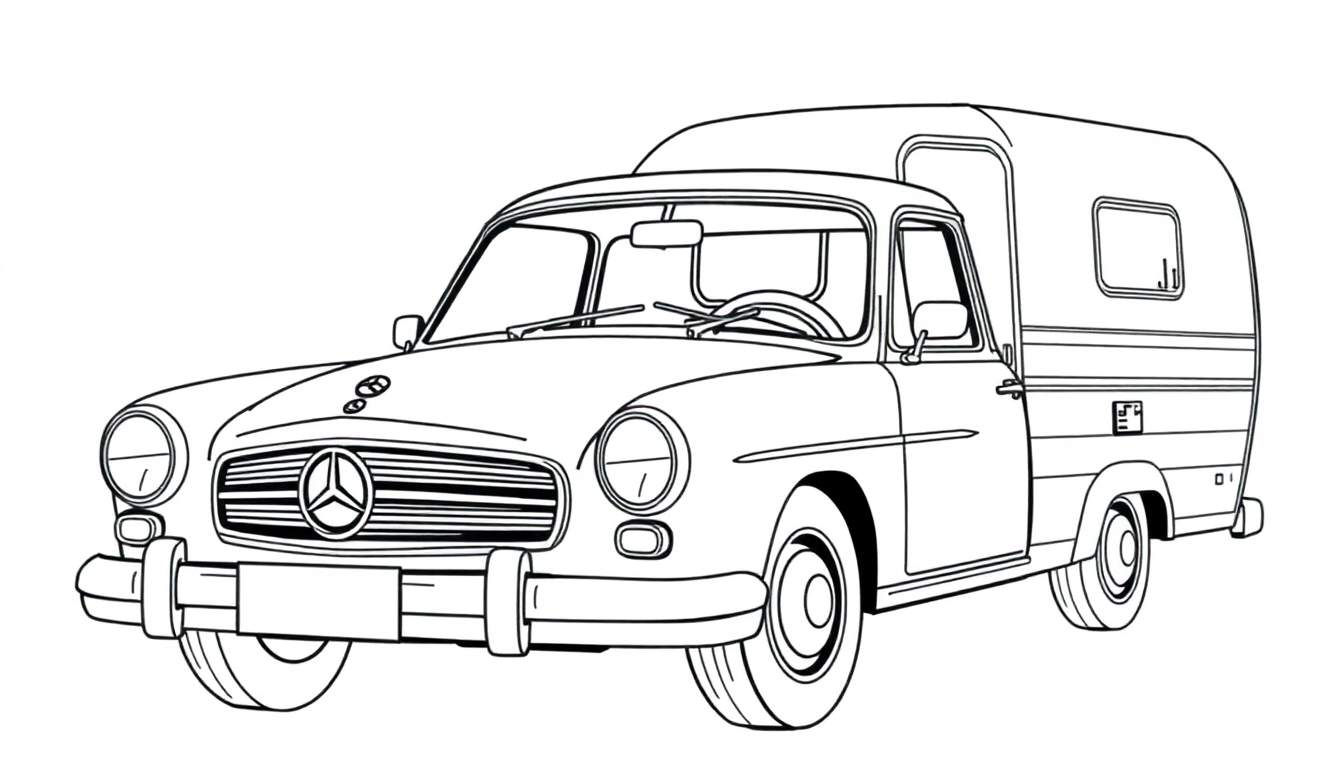 Kleurplaat van een klassieke Mercedes-Benz camperbus.