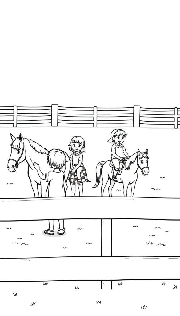 Een kleurplaat van een paardenbak met kinderen en paarden.