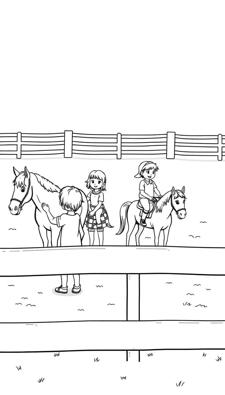 Een kleurplaat van een paardenbak met kinderen en paarden.