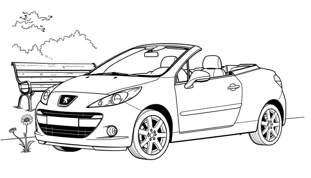 Kleurplaat van een Peugeot 207 CC cabriolet, geparkeerd naast een bankje met bloemen, als een tekening.