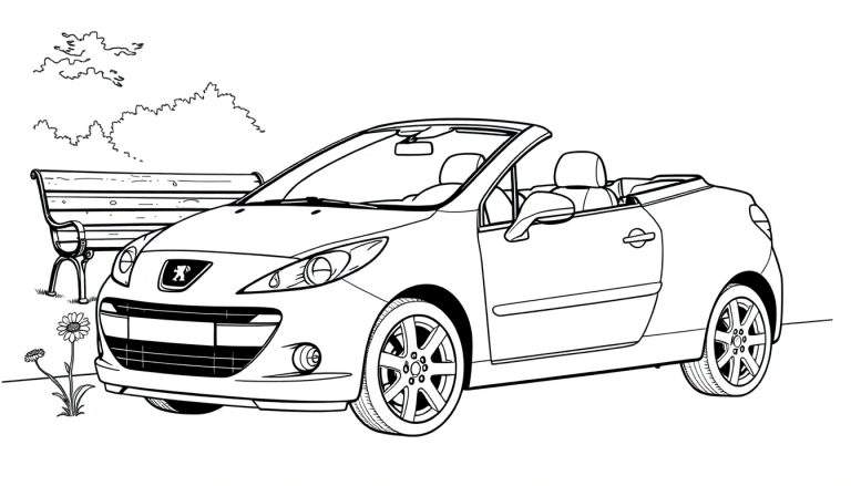 Kleurplaat van een Peugeot 207 CC cabriolet, geparkeerd naast een bankje met bloemen, als een tekening.