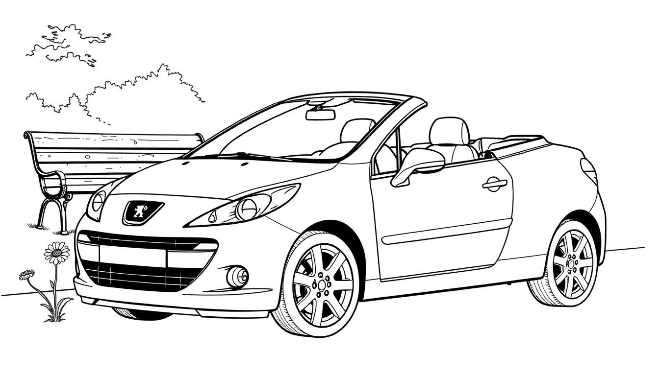 Kleurplaat van een Peugeot 207 CC cabriolet, geparkeerd naast een bankje met bloemen, als een tekening.